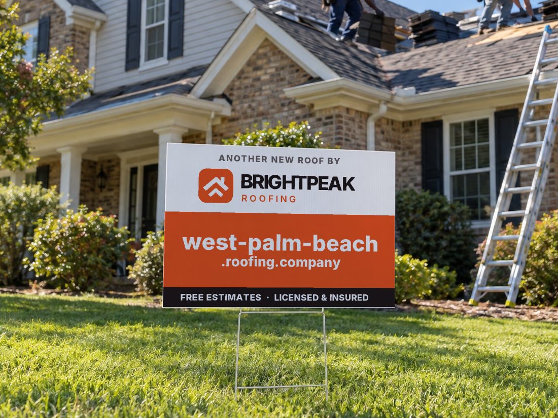 west-palm-beach.roofing.company on a yard sign in front of a house getting a new roof