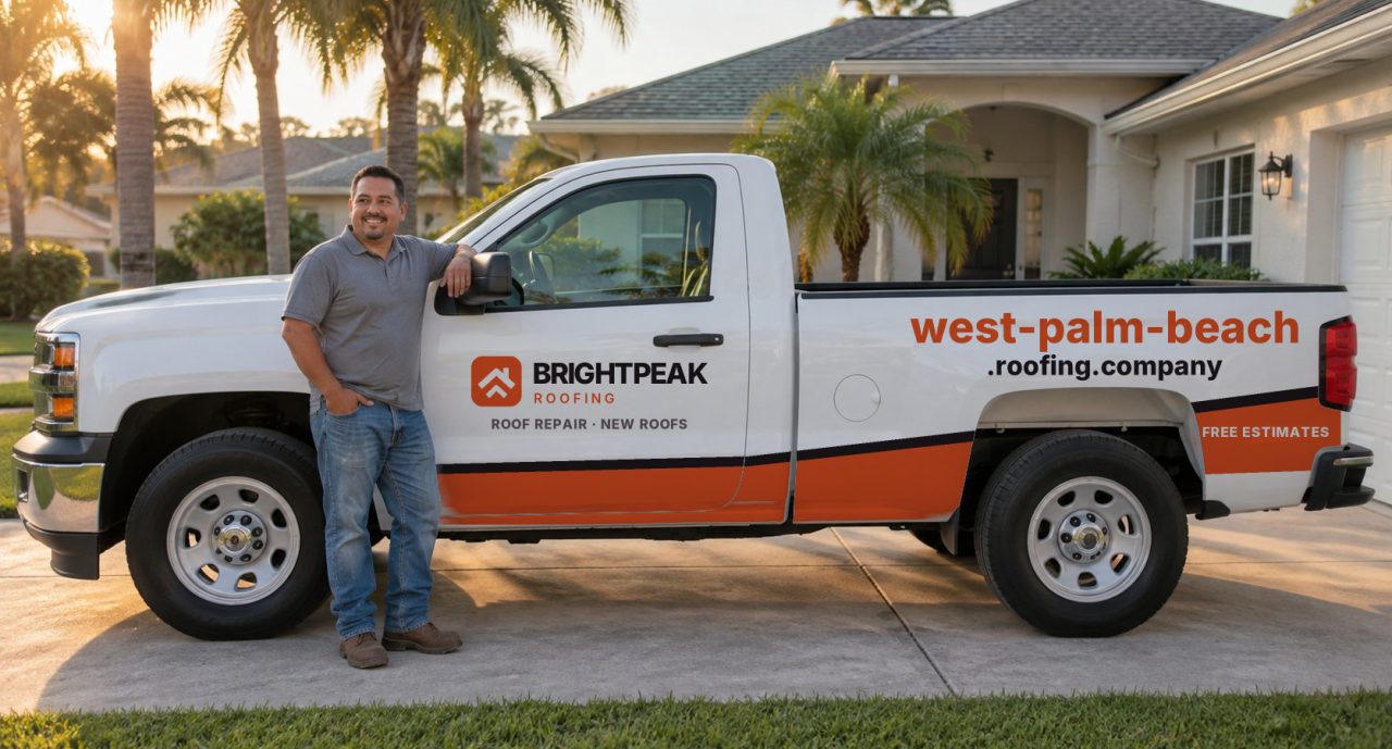 west-palm-beach.roofing.company painted on the side of a white work truck