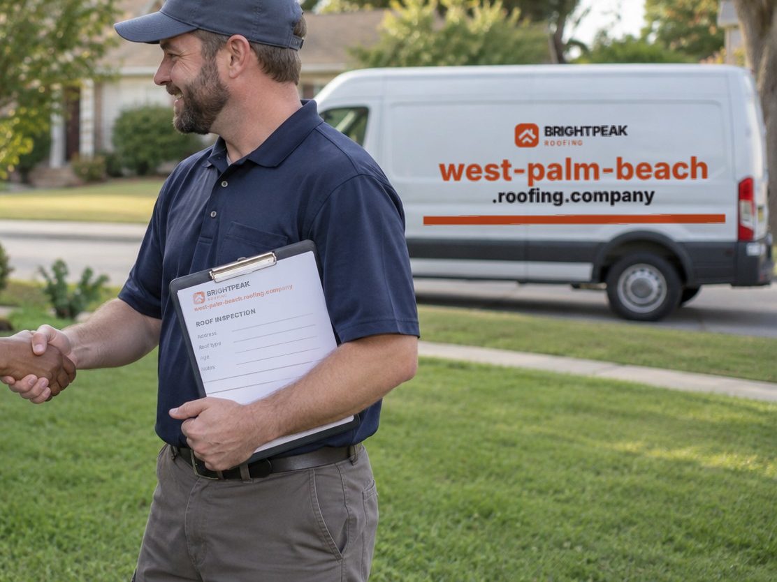 west-palm-beach.roofing.company on a roofing van and an inspection form
